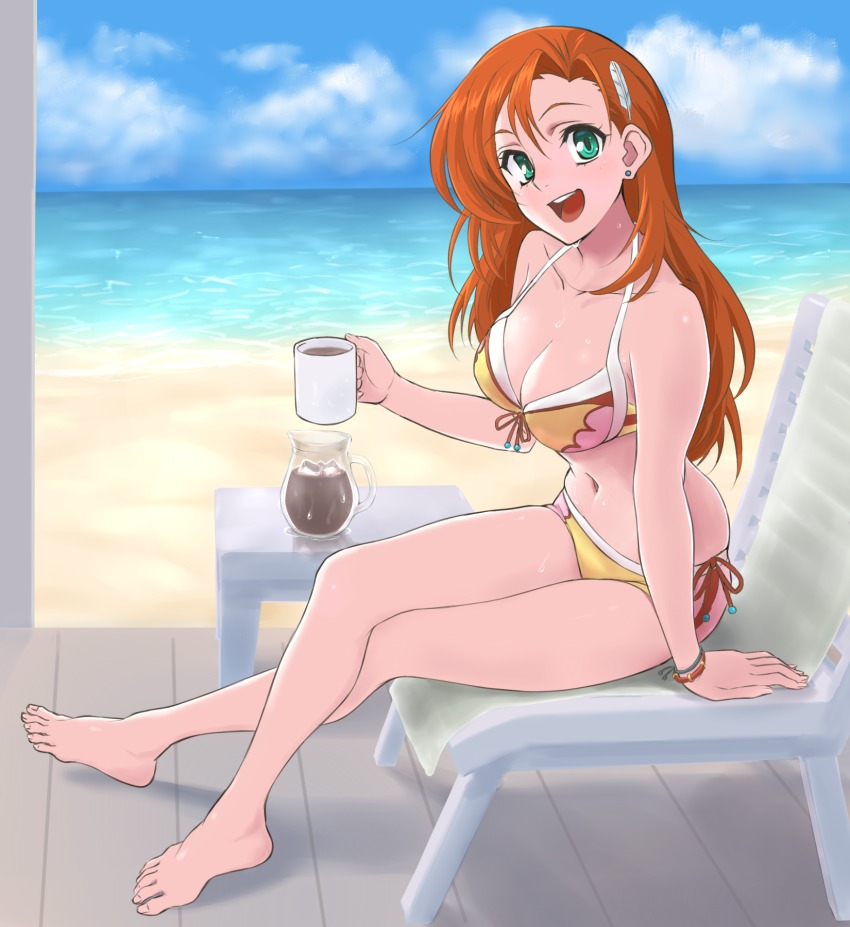 1girl :d arm_support barefoot beach beach_chair bikini breasts cliana_rimskaya cloud coffee crossed_legs cup day feather_hair_ornament feathers feet female_focus full_body green_eyes hair_ornament highres holding holding_cup large_breasts long_hair looking_at_viewer mug navel ocean open_mouth orange_hair shingyou_(alexander-13) side-tie_bikini_bottom sitting sky smile solo super_robot_wars super_robot_wars_destiny swimsuit toes wet yellow_bikini