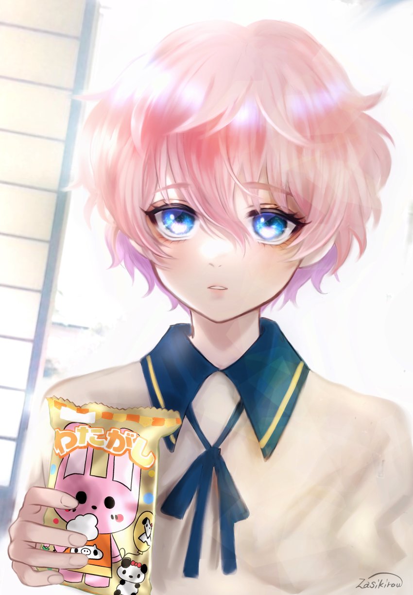 1boy absurdres akita_toushirou blue_eyes child food food_wrapper highres holding holding_food looking_at_viewer male_focus open_mouth parted_lips pink_hair short_hair solo teeth touken_ranbu translation_request white_background zasikirou