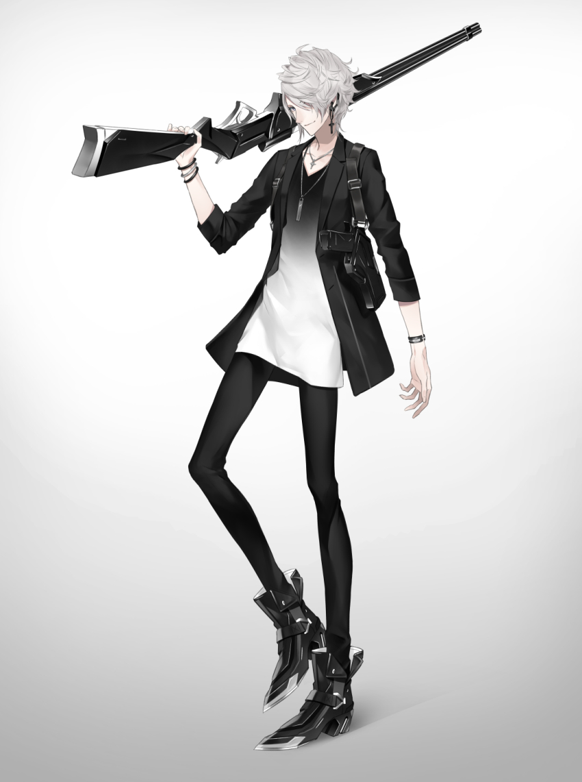 1boy black_jacket blue_eyes bracelet closed_mouth cross cross_earrings cross_necklace earrings fingernails gradient_background grey_hair gun gunblade hair_over_one_eye handgun highres holding holding_gun holding_weapon holster holstered jacket jewelry male_focus mecha_danshi necklace original over_shoulder reckless_dog science_fiction single_earring sleeves_rolled_up smile solo standing weapon weapon_over_shoulder