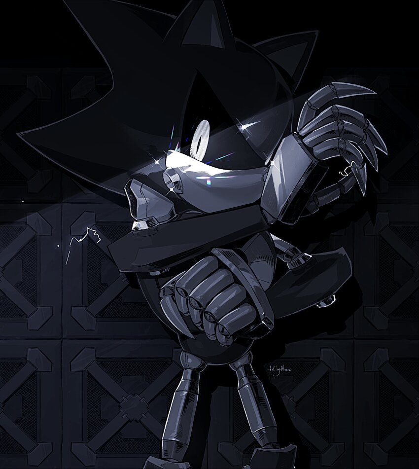 1boy absurdres by_almaz greyscale highres humanoid_robot joints metal_sonic monochrome pixel_eyes robot robot_joints solo sonic_(series) sparkle