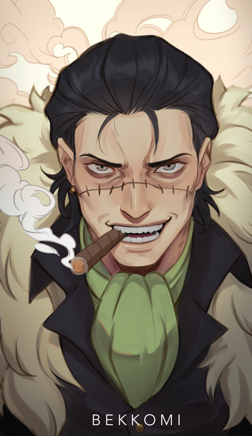 1boy absurdres artist_name ascot bekkomi black_hair cigar coat commentary crocodile_(one_piece) earrings english_commentary fur-trimmed_coat fur_trim green_ascot grey_eyes hair_slicked_back highres jewelry looking_at_viewer male_focus mouth_hold one_piece open_mouth short_hair single_earring smile smoke solo teeth
