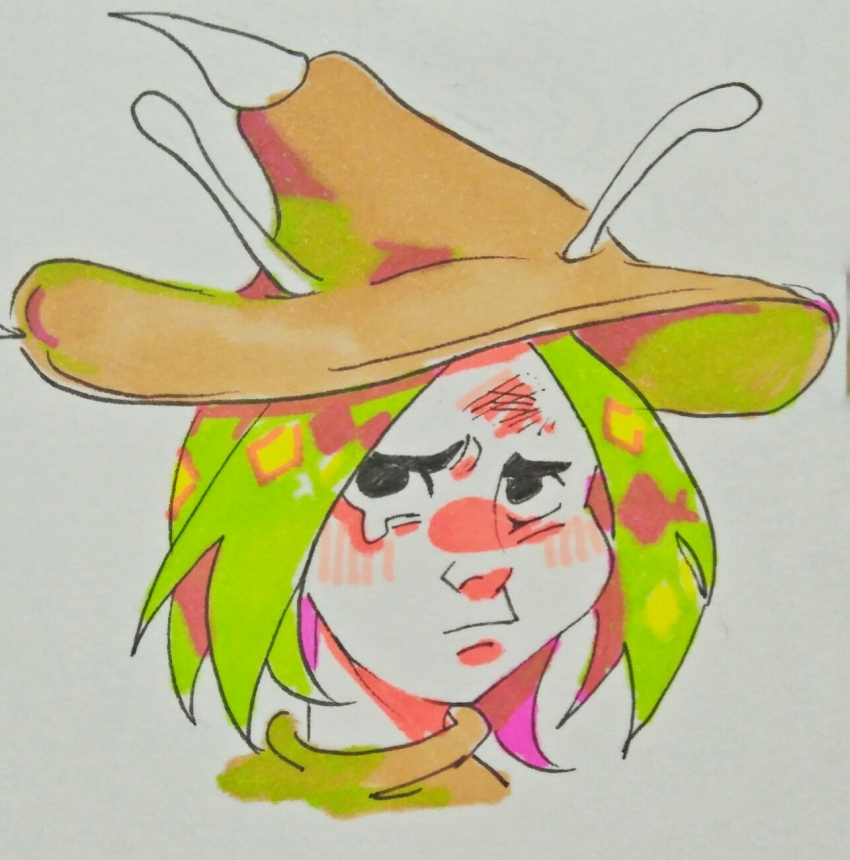 1other amanomori_shou androgynous antennae black_eyes blush brown_headwear brown_shirt chinese_commentary closed_mouth commentary_request cropped_shoulders frown furrowed_brow green_hair green_headwear highres injury len&#039;en looking_at_viewer mxx33 other_focus pointy_hat pout shirt short_hair solo tearing_up thick_eyebrows traditional_media turtleneck turtleneck_shirt two-sided_fabric two-sided_headwear