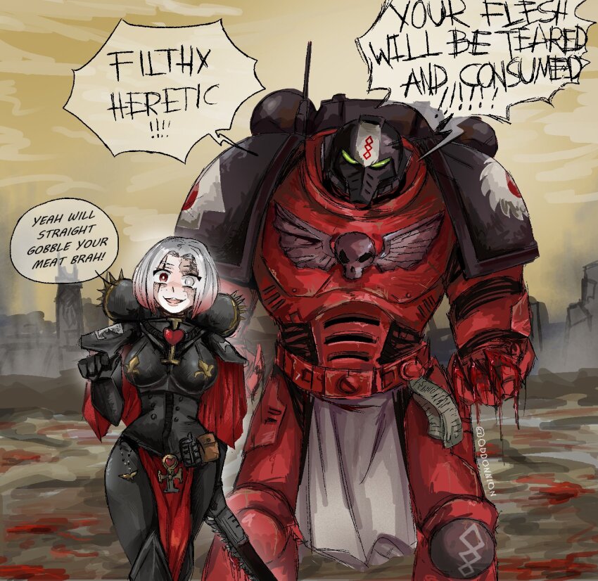 1boy 1girl adepta_sororitas adeptus_astartes armor backpack bag blood blood_on_hands chainsword cityscape english_text explosive fleur-de-lis grenade heart helmet highres loincloth looking_at_viewer odd_onion partially_blind pointing pointing_at_viewer pouch power_armor red_eyes short_hair shouting signature skirt skull warhammer_40k white_hair