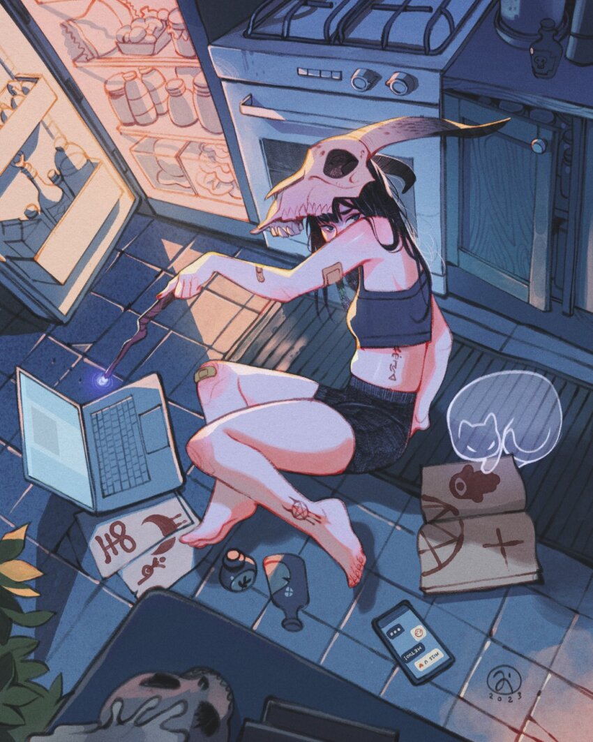 1girl ankle_tattoo artist_logo bandaid bandaid_on_arm bandaid_on_knee bandaid_on_leg barefoot black_hair black_shorts book bottle candle cat cellphone commentary computer covering_own_mouth dated english_commentary feet ghost glowing grey_sports_bra highres holding holding_wand indoors jar kitchen laptop logo long_hair looking_at_viewer mask mask_on_head mat messy_hair milk_carton mushroom on_floor open_book original oven paper phone refrigerator refrigerator_interior short_shorts shorts simz sitting skull skull_mask smartphone solo sports_bra stomach_tattoo stove straight_hair tattoo tile_floor tiles wand yokozuwari
