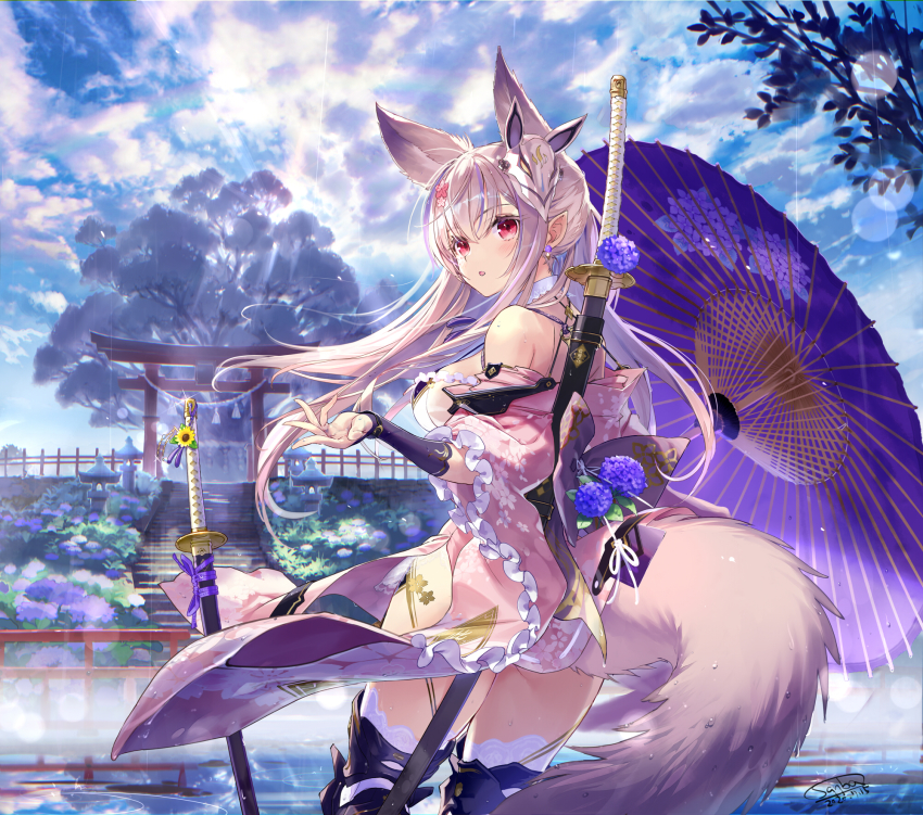 1girl animal_ears architecture armor armored_boots ass back bare_shoulders black_thighhighs blush boots breasts cloud cloudy_sky commentary_request cowboy_shot day dress earrings east_asian_architecture floating_hair floral_print flower fox_ears fox_mask fox_tail frill_trim frills from_behind hair_ornament highres hilt hydrangea japanese_clothes jewelry katana kimono large_breasts lens_flare long_hair looking_at_viewer mask mask_on_head off-shoulder_dress off_shoulder oil-paper_umbrella open_mouth original outdoors pointy_ears print_kimono rain rainbow red_eyes sanbasou sheath sheathed short_kimono shrine sidelocks signature silver_hair sky solo standing sun_flare sunlight sword sword_on_back tail thighhighs torii tree umbrella water weapon weapon_on_back wet white_thighhighs wide_sleeves