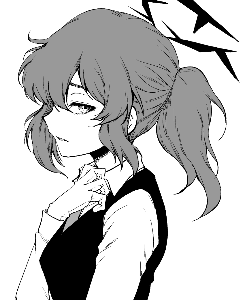 1girl blue_archive gloves greyscale halo haruhito_(divineshalt) haruka_(blue_archive) haruka_(suit)_(blue_archive) highres looking_at_viewer monochrome parted_lips ponytail sideways_glance solo vest