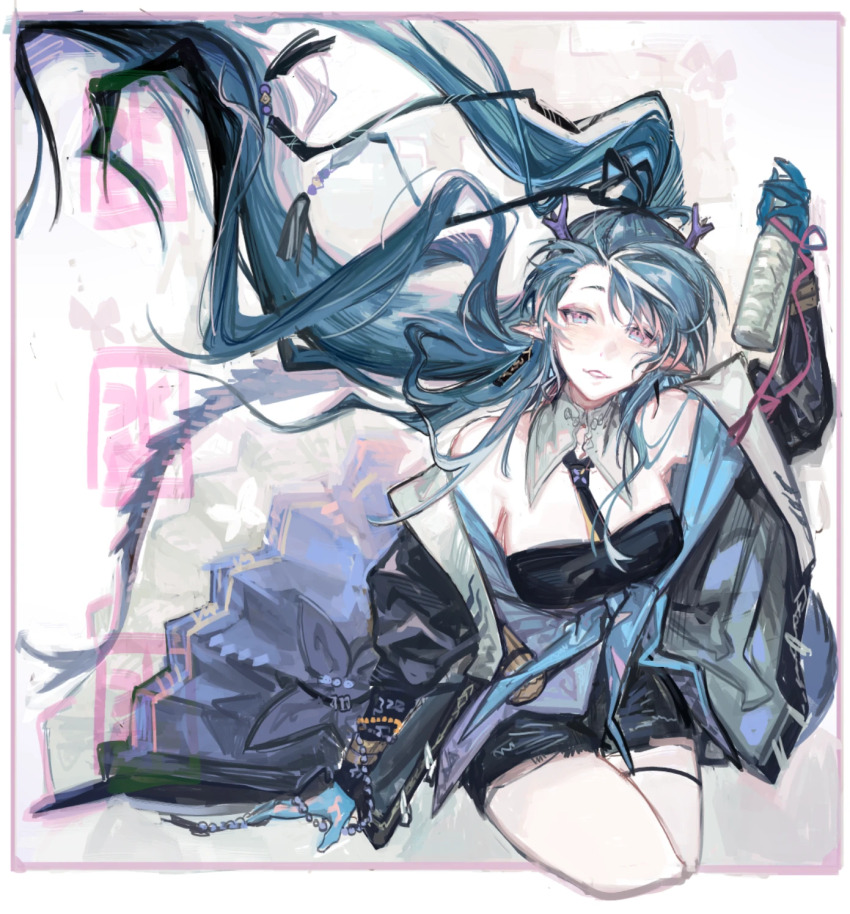 1girl aqua_hair arknights bandeau black_bandeau black_shorts blue_hands blue_skin colored_extremities colored_skin commentary cropped_legs dragon_girl dragon_horns dragon_tail drunk earrings highres horns jewelry light_blush ling_(arknights) ling_(towering_is_cliff_of_nostalgia)_(arknights) long_hair looking_at_viewer official_alternate_costume parted_lips pipidan pointy_ears purple_eyes shorts solo tail tipsy very_long_hair