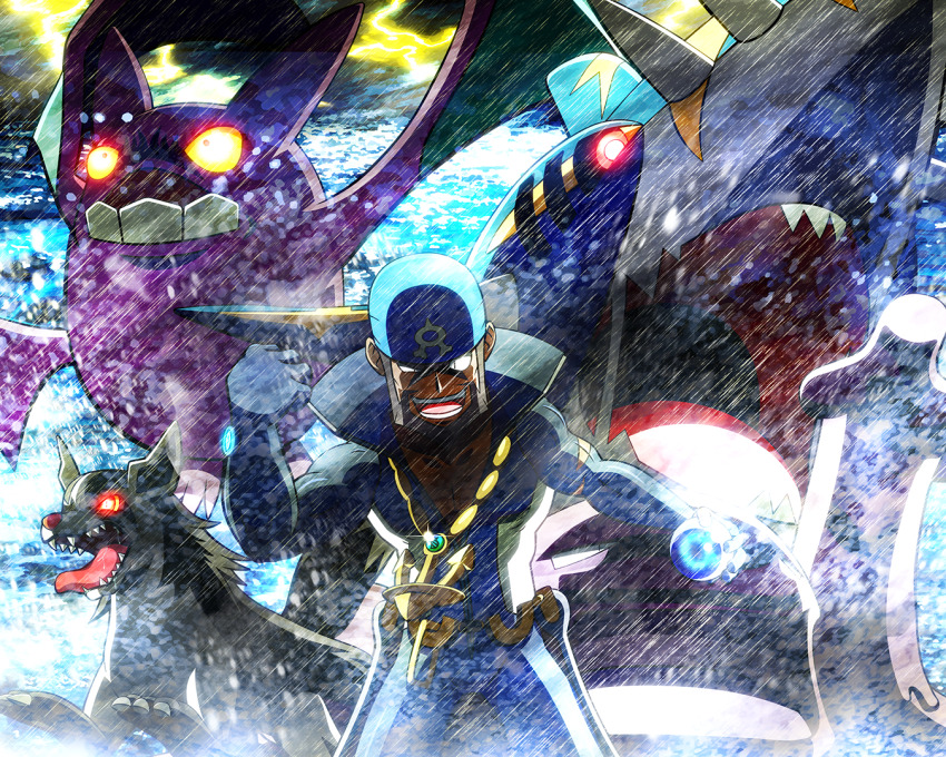1boy anchor_necklace archie_(pokemon) arm_up bandana beard black_sclera blue_bandana blue_orb_(pokemon) blue_wetsuit clenched_hand colored_sclera commentary_request crobat dark-skinned_male dark_skin facial_hair gen_1_pokemon gen_2_pokemon gen_3_pokemon glint glowing glowing_eyes hand_up holding_orb jewelry lower_teeth_only male_focus mega_pokemon mega_sharpedo mega_stone mightyena misterror muk necklace nintendo open_mouth pokemon pokemon_(creature) pokemon_oras rain red_eyes sharp_teeth sharpedo smile team_aqua teeth tongue tongue_out