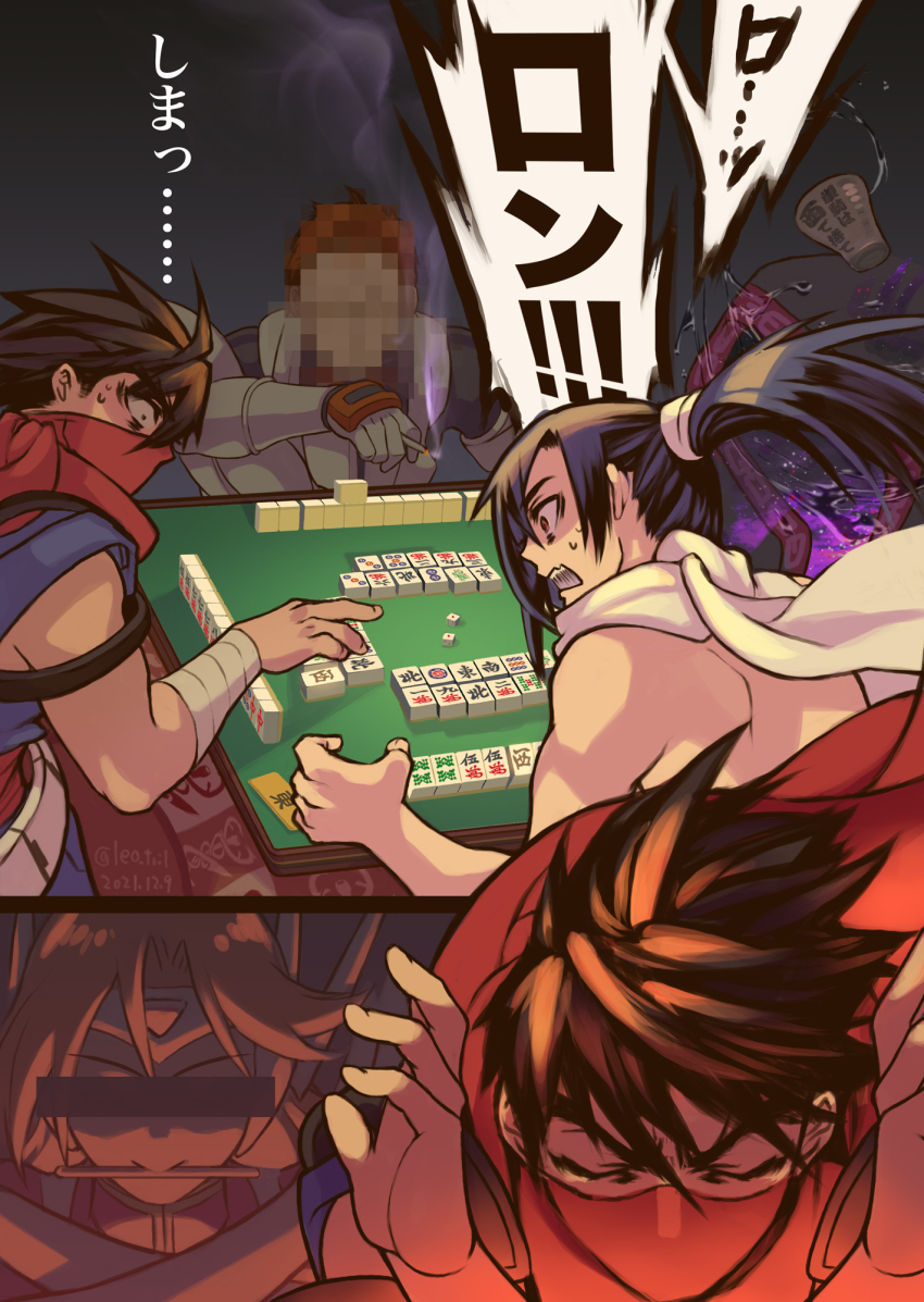 1girl 4boys bar_censor blue_hair brown_hair censored character_request dated grand_master_meio highres leo_tail long_hair mahjong mahjong_table male_focus mosaic_censoring multiple_boys no_shirt orange_hair pink_eyes ponytail short_hair solo_(strider) strider_(video_game) strider_hien strider_hiryuu table translation_request twitter_username