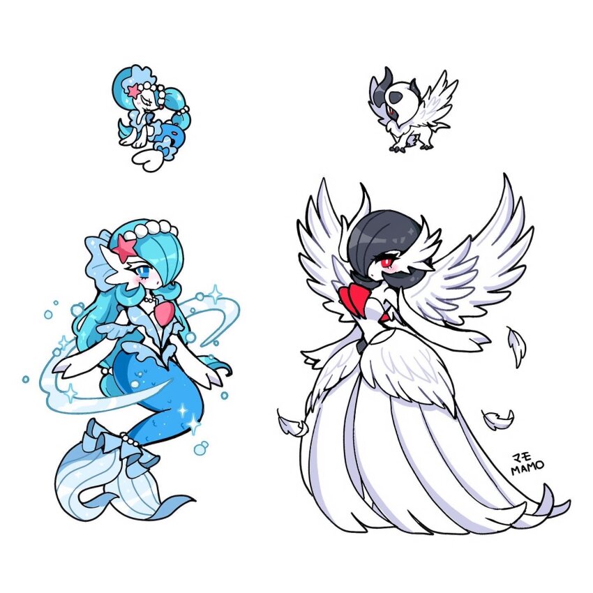 absol black_hair blue_eyes blue_hair bob_cut dress elbow_gloves feathers gardevoir gen_3_pokemon gen_7_pokemon gloves highres mamobot mega_absol mega_gardevoir mega_pokemon mermaid monster_girl nintendo pokemon pokemon_(creature) primarina red_eyes signature starfish_hair_ornament strapless strapless_dress white_dress white_fur white_gloves wings