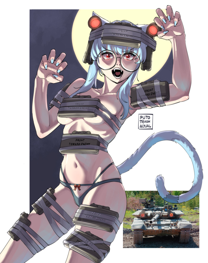 1girl absurdres animal_ears artist_name black-framed_eyewear black_panties blue_hair blue_nails bow bow_panties breasts cat_ears cat_girl cat_tail claw_pose claymore_(mine) commentary cowboy_shot english_commentary explosive fangs halloween hands_up highleg highleg_panties highres keiko_(puto_trash) large_breasts military_vehicle mine_(weapon) motor_vehicle navel open_mouth original panties panty_straps photo_inset puto_trash red_eyes round_eyewear short_hair_with_long_locks solo standing t-90 tail tank thighs underwear