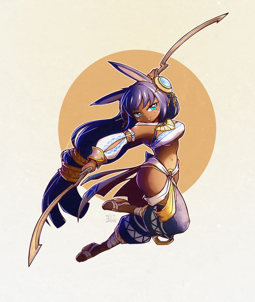 1girl animal_ears aqua_eyes breasts dancer dark-skinned_female dark_skin detached_sleeves dual_wielding full_body highres holding khopesh long_hair medium_breasts midriff navel original purple_hair richter_h sandals signature solo two-tone_background very_long_hair