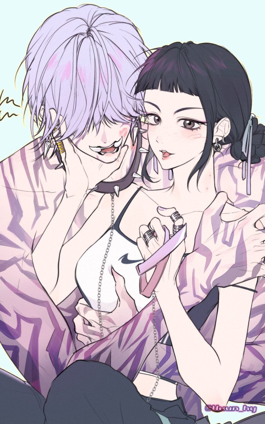 1boy 1girl black_hair blunt_bangs blush brown_eyes demon double_bun hair_bun hair_over_eyes hashtag-only_commentary highres holding holding_leash hug hug_from_behind hunn_hy jewelry kpop_demon_hunters leash looking_at_viewer mystery_(kpop_demon_hunter) open_mouth purple_hair ring short_bangs sidelocks twitter_username zoey_(kpop_demon_hunters)