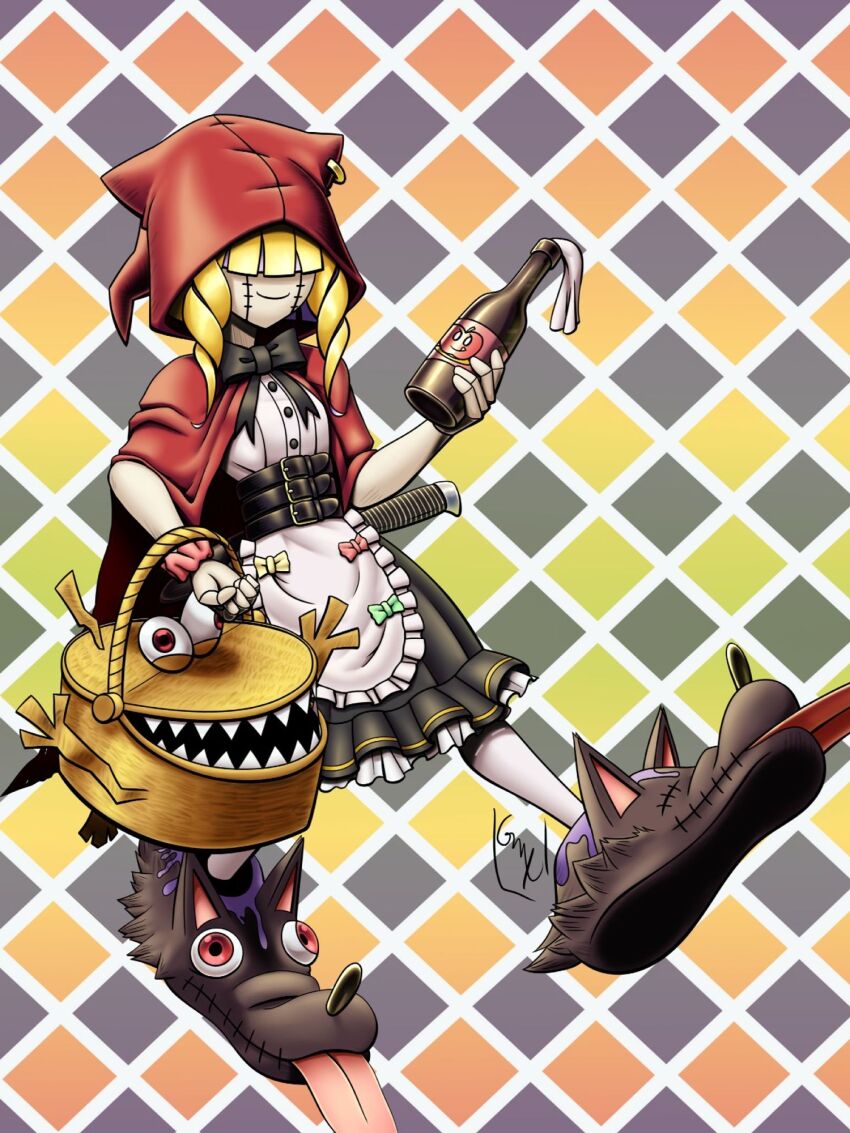 1girl blonde_hair chaperomon digimon digimon_(creature) female_focus highres hood sharp_teeth solo teeth