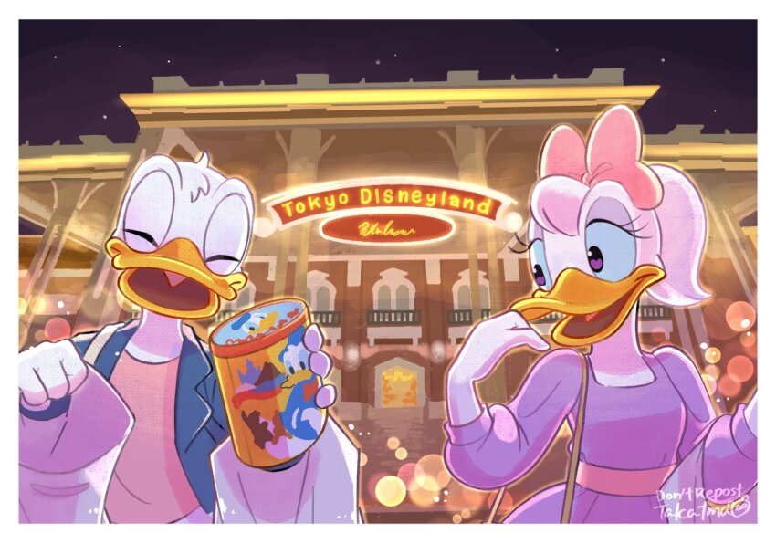 1boy 1girl bow daisy_duck disney disneyland donald_duck duck_boy duck_girl furry furry_female furry_male looking_at_viewer mickey_mouse_&amp;_friends night night_sky open_mouth shirt short_hair sky smile takatmaorange white_hair
