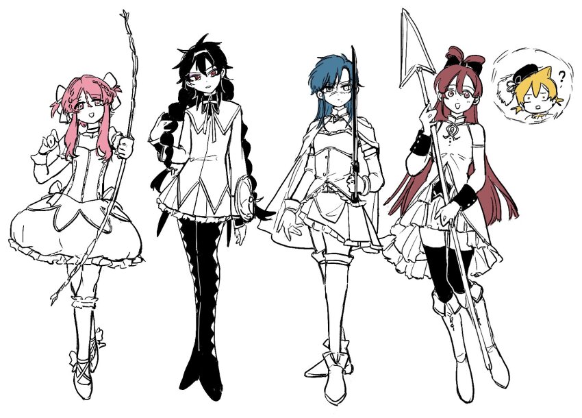 1girl 4boys ? akemi_homura akemi_homura_(cosplay) akemi_homura_(magical_girl) alibaba_saluja blonde_hair blue_hair boots bow bow_(weapon) braided_twintails cape cosplay crossdressing dress full_body hair_bow hairband highres holding holding_bow_(weapon) holding_polearm holding_sword holding_weapon judal kaname_madoka kaname_madoka_(cosplay) kaname_madoka_(magical_girl) long_hair magi_the_labyrinth_of_magic magical_girl mahou_shoujo_madoka_magica medium_hair miki_sayaka miki_sayaka_(cosplay) miki_sayaka_(magical_girl) multiple_boys open_mouth pantyhose partially_colored pink_eyes pink_hair polearm red_eyes red_hair ren_hakuryuu ren_kougyoku ren_kouha sakura_kyoko sakura_kyoko_(cosplay) sakura_kyoko_(magical_girl) shirt shoes short_hair simple_background skirt smile socks spear standing sword thighhighs tomoe_mami tomoe_mami_(cosplay) tomoe_mami_(magical_girl) weapon white_background wrist_cuffs xuancheng