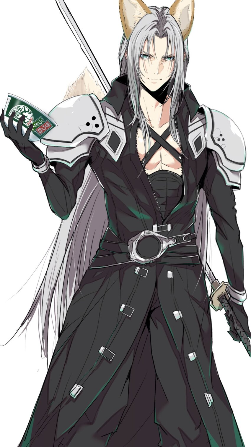 1boy animal_ears armor bangle black_coat black_gloves bracelet chest_strap closed_mouth coat cowboy_shot crazy02oekaki cup_ramen donbee_(food) donbei_kitsune_udon final_fantasy final_fantasy_vii final_fantasy_vii_rebirth final_fantasy_vii_remake food fox_boy fox_ears fox_tail gloves green_eyes grey_hair highres holding holding_food holding_sword holding_weapon instant_udon jewelry katana long_bangs long_coat long_hair long_sleeves male_focus masamune_(ff7) merchandise nissin nissin_donbei noodles parted_bangs sephiroth shoulder_armor smile solo sword tail udon weapon white_background
