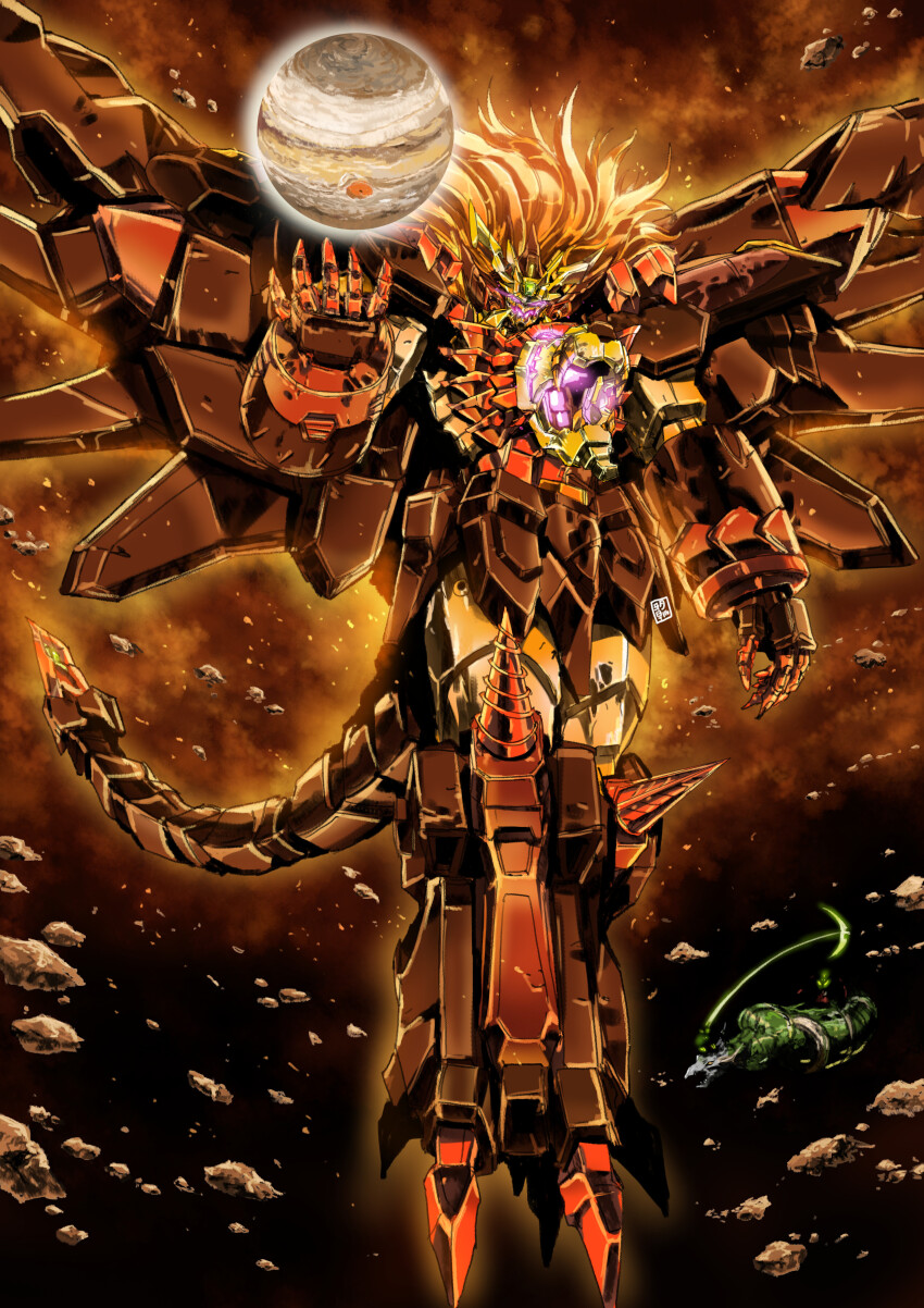 absurdres armor aura debris full_armor garimpeiro gattai genesic_gaogaigar getter_robo hakaiou:_gaogaigar_vs._betterman highres jupiter_(planet) mecha mecha_focus no_humans planet robot shin_getter_dragon shin_getter_robo space super_robot yuusha_series
