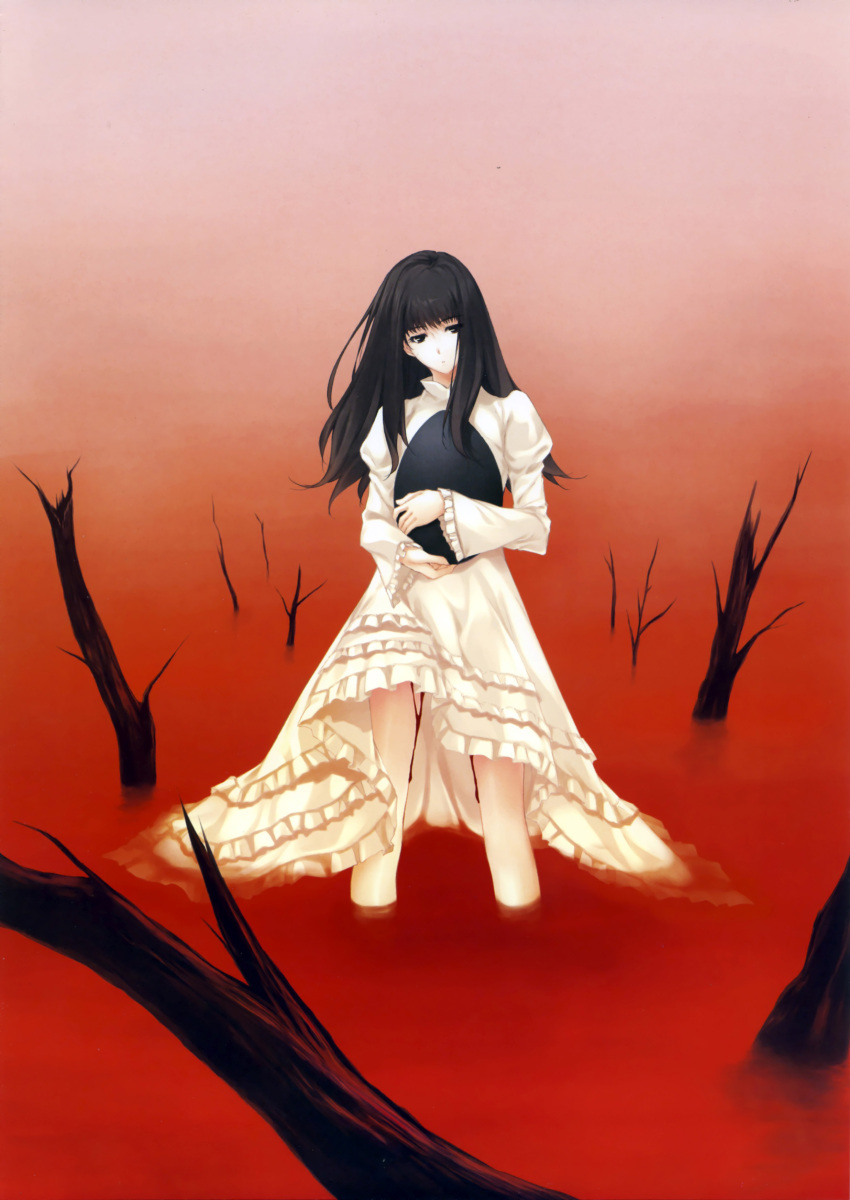 1girl absurdres black_eyes black_hair blood female_focus highres holding kara_no_shoujo kuchiki_touko long_hair looking_at_viewer outdoors solo sugina_miki tree