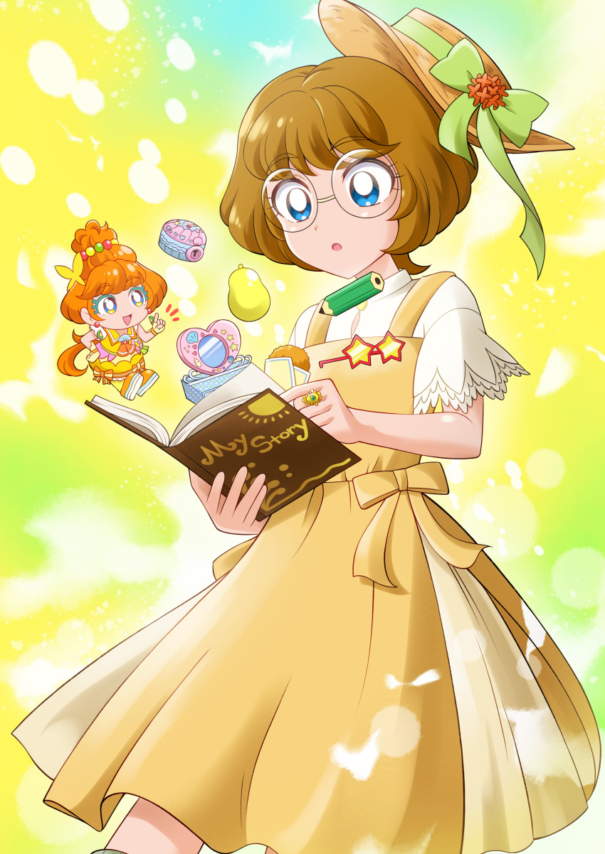 1girl absurdres blue_eyes book brown_hair brown_hat chicken_(food) cure_papaya dress earrings fingerless_gloves food fried_chicken frilled_sleeves frills glasses gloves hair_bobbles hair_ornament hat highres holding holding_book ichinose_minori jewelry long_hair magical_girl open_mouth orange_dress orange_hair orange_shoes pencil precure raina_(14758801) ring shirt shoes short_hair shorts sleeveless sleeveless_dress smile solo thighhighs tropical-rouge!_precure white_shirt yellow_dress yellow_gloves yellow_thighhighs