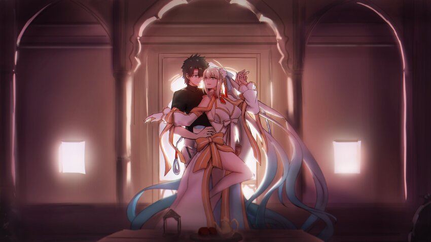 1boy 1girl black_hair blue_eyes bow fate/grand_order fate_(series) fujimaru_ritsuka_(male) full_body hair_between_eyes hair_bow highres long_hair morgan_le_fay_(fate) morgan_le_fay_(water_princess)_(fate) ponytail ringozuki short_hair smile swimsuit white_hair
