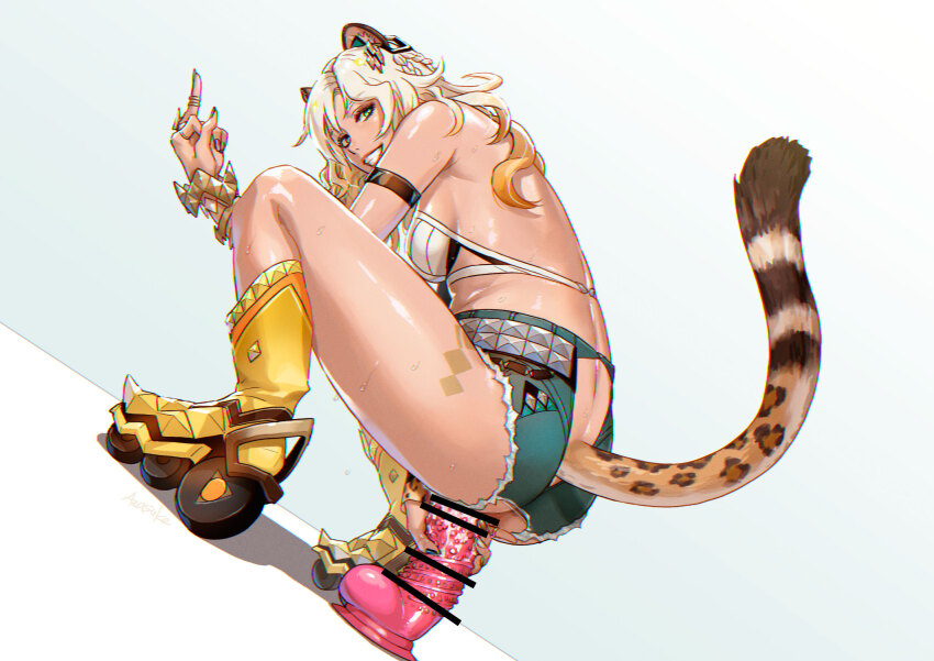animal_ears ass ass_focus azasuke back bare_back blonde_hair cat_ears cat_girl cat_tail dildo eyeliner genshin_impact highres jewelry makeup middle_finger nail_polish object_insertion roller_skates sex_toy sitting_on_dildo skates smile squatting tagme tail vaginal vaginal_object_insertion xilonen_(genshin_impact)