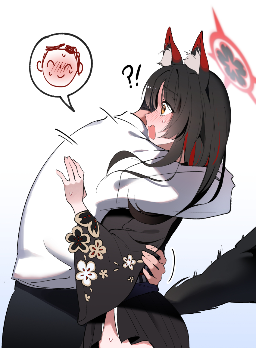 !? 1boy 1girl animal_ear_fluff animal_ears arm_around_waist black_hair black_kimono blue_archive blush brown_eyes cherry_blossom_print colored_inner_hair commentary_request couple cowboy_shot doodle_sensei_(blue_archive) embarrassed expressive_tail floral_print floral_print_kimono fox_ears fox_girl fox_tail from_side halo hand_up hetero highres hug japanese_clothes kimono korean_commentary leaning_forward long_hair long_sleeves looking_ahead motion_lines multicolored_hair nose_blush open_mouth print_kimono red_hair red_halo sensei_(blue_archive) shirt simple_background speech_bubble spoken_character surprised sweatdrop tail towel17815 wakamo_(blue_archive) wavy_mouth white_background white_shirt wide-eyed wide_sleeves
