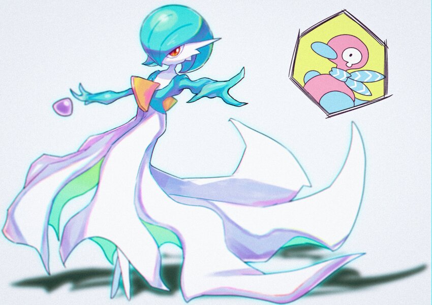 absurdres alternate_color blue_skin choice_scarf colored_skin dress eviolite gardevoir gen_2_pokemon gen_3_pokemon grey_background hair_over_one_eye highres multicolored_skin nintendo no_feet orange_eyes pokemon pokemon_(creature) porygon2 saiku_(zvlku) shiny_pokemon simple_background teardrop trick_(pokemon) two-tone_skin white_dress white_skin
