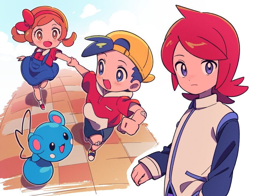 1girl 2boys :d aged_down azurill bandaid bandaid_on_arm bandaid_on_knee bandaid_on_leg black_hair blue_skirt bright_pupils brown_eyes brown_hair chueog closed_mouth cowlick ethan_(pokemon) eyelashes game_freak gen_3_pokemon hairband hat highres holding_hands jacket long_hair long_sleeves lyra_(pokemon) multiple_boys nintendo open_mouth pokemon pokemon_(creature) pokemon_hgss purple_eyes red_footwear red_hair red_jacket red_shirt shirt shoes short_hair short_sleeves shorts silver_(pokemon) skirt smile socks twintails white_pupils white_socks yellow_hat
