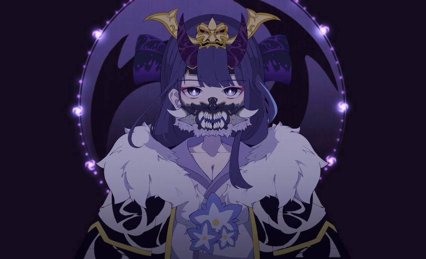 1girl absurdres alternate_costume alternate_universe amadeus_(amadeus0903) blunt_bangs breasts cleavage coat collarbone commentary electro_symbol_(genshin_impact) english_commentary eyeliner fake_horns fangs flower fur_trim genshin_impact glowing glowing_eyes glowing_pupils gradient_background headpiece highres horns japanese_clothes large_breasts long_hair makeup mask mitsudomoe_(shape) mouth_mask multicolored_eyes multicolored_hair purple_background purple_eyes purple_pupils raiden_shogun red_eyeliner redesign sharp_teeth solo standing streaked_hair teeth tomoe_(symbol) upper_body white_fur