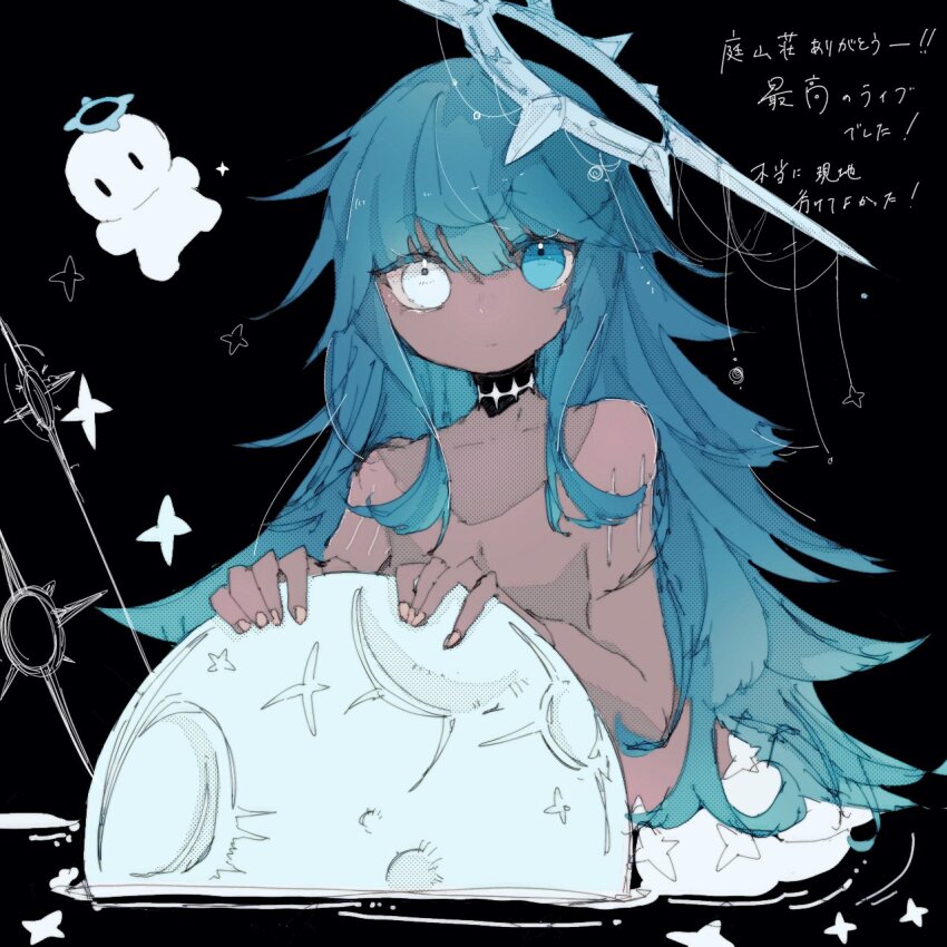 1other black_background blue_eyes closed_mouth expressionless fingernails halo heterochromia highres k2_(mili) kokonama looking_at_viewer mili_(band) moon scar scar_on_neck simple_background spiked_halo star_(symbol) topless_other torino_(mili) white_eyes