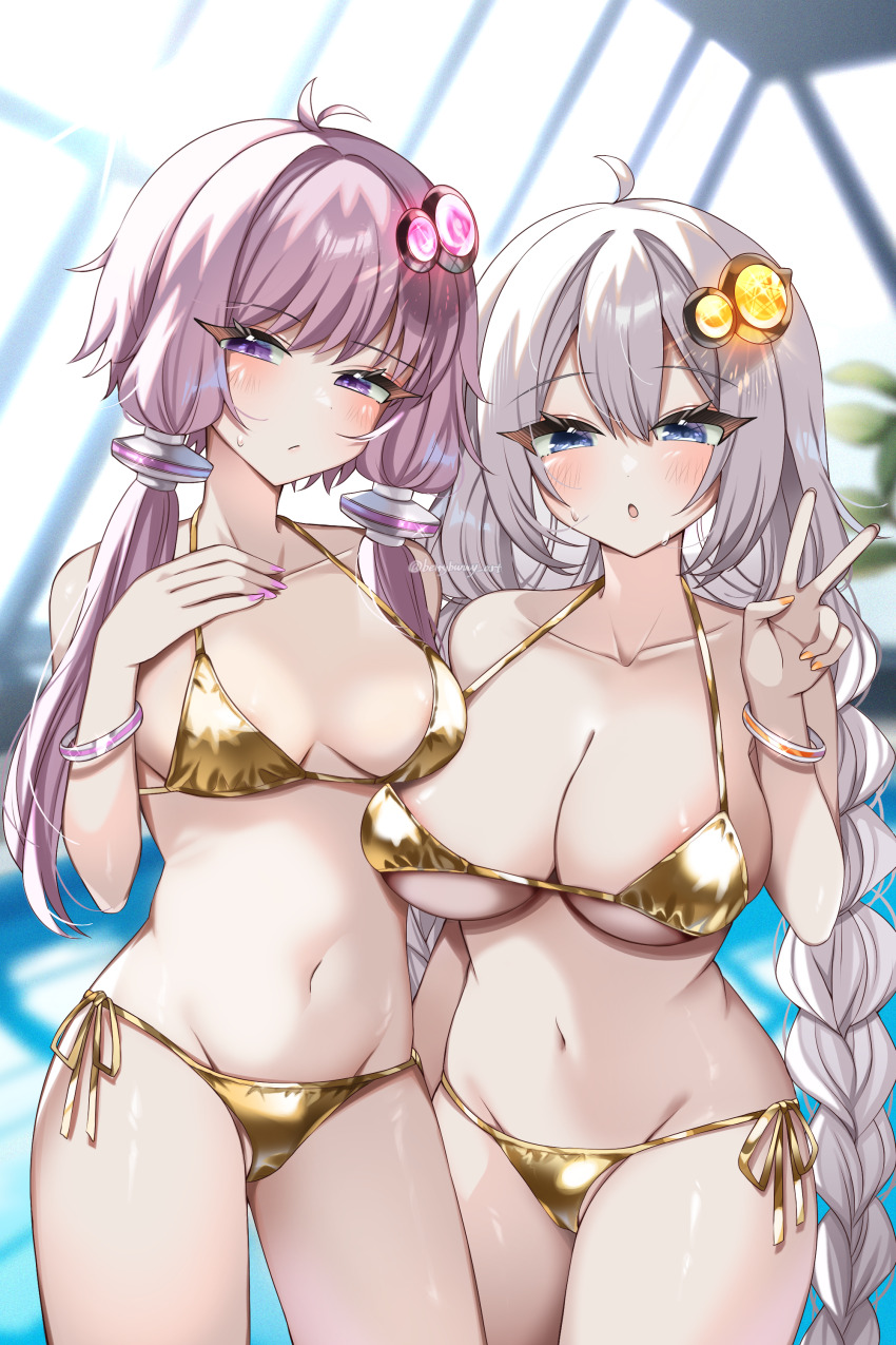 2girls :o absurdres ahoge antenna_hair areola_slip arm_at_side bare_arms bare_shoulders bikini blue_eyes blurry blurry_background blush bracelet braid breasts cleavage closed_mouth collarbone commentary cowboy_shot dot_nose double-parted_bangs frown gold_bikini hair_between_eyes hair_ornament hand_on_own_chest hand_up highres indoors jewelry kizuna_akari kyusai_kuma large_breasts long_hair looking_at_viewer medium_breasts multiple_girls nail_polish navel orange_nails paid_reward_available pink_nails plant pool potted_plant purple_eyes purple_hair raised_eyebrows short_hair_with_long_locks side-tie_bikini_bottom sidelighting sky standing stomach sunlight sweat swept_bangs swimsuit twin_braids twitter_username v very_long_hair vocaloid voiceroid white_hair white_sky window yuzuki_yukari
