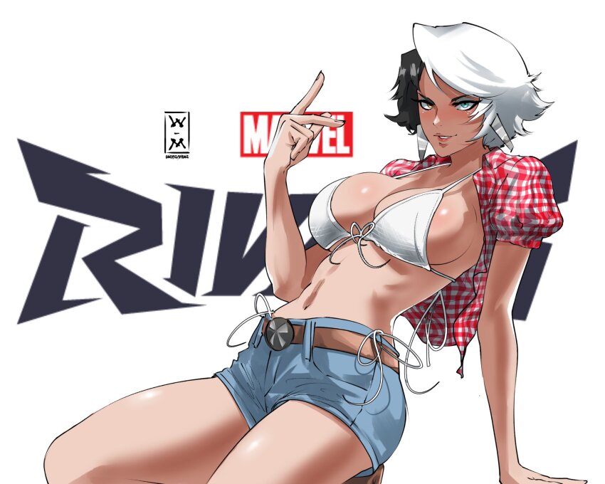 1girl belt bikini black_hair blue_eyes blue_shorts bra breasts cosplay denim denim_shorts gingham gingham_shirt heterochromia highres kwon_eun-bi kwon_eun-bi_(cosplay) looking_at_viewer luna_snow marvel marvel_rivals meme multicolored_hair navel red_shirt shirt short_hair short_shorts shorts smile solo split-color_hair swimsuit two-tone_hair underwear we_manhwa white_bikini white_bra white_hair