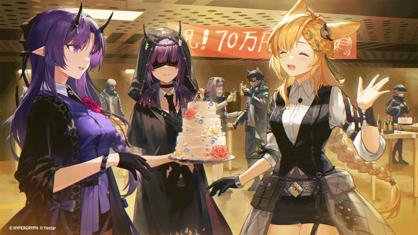 2girls 5girls alcohol animal_ears arknights artist_request beer beer_mug beret black_coat black_hat black_necktie black_pants blindfold blonde_hair braid braided_ponytail brown_hair cake cat_ears cat_girl cloak closed_eyes closed_mouth coat collared_shirt commentary_request cup dog_ears dog_girl food goggles hair_over_eyes hat helmet hibiscus_(arknights) hibiscus_the_purifier_(arknights) highres holding holding_cup hood hooded_cloak horns indoors kroos_(arknights) kroos_the_keen_glint_(arknights) lava_(arknights) lava_the_purgatory_(arknights) long_hair medium_hair mug multiple_girls necktie official_art open_mouth pants purple_shirt rabbit_ears rabbit_girl reserve_operator_caster_(arknights) reserve_operator_logistics_(arknights) reserve_operator_melee_(arknights) reserve_operator_sniper_(arknights) second-party_source shirt smile standing walking white_shirt