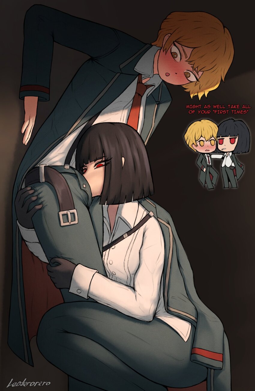 1boy 1girl artist_name belt black_gloves black_hair black_jacket blonde_hair blush bob_cut chibi cigarette collared_shirt commentary commission english_commentary english_text eyes_visible_through_hair fellatio gloves hetero highres hug jacket jacket_on_shoulders leoderorero limbus_company long_sleeves necktie open_fly open_mouth oral pants project_moon red_eyes red_necktie ringed_eyes ryoshu_(project_moon) shirt short_hair sinclair_(project_moon) smoking steaming_body suspenders waist_hug white_shirt yellow_eyes