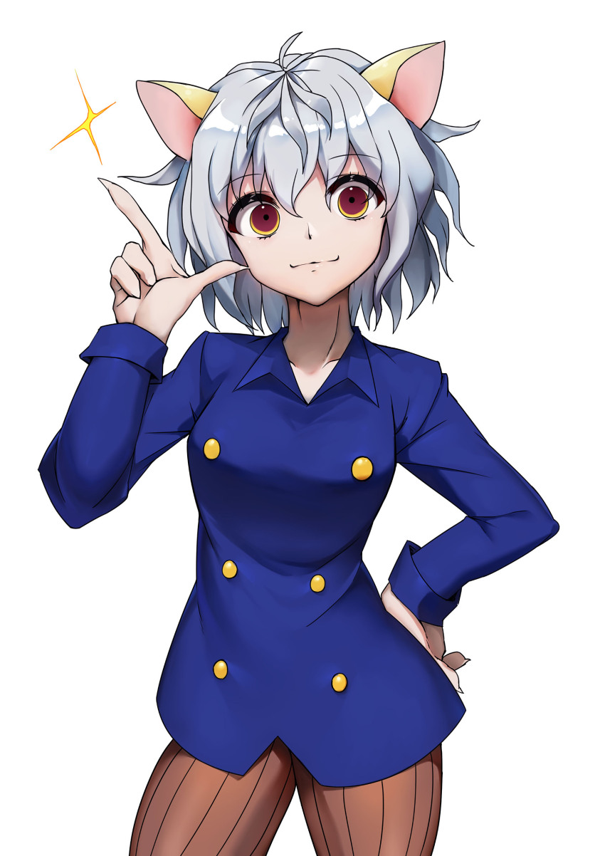 1girl absurdres animal_ears blue_shirt brown_eyes closed_mouth fewer_digits grey_hair highres hunter_x_hunter looking_at_viewer neferpitou shirt simple_background solo white_background wo_chi_xiangjiao_pi