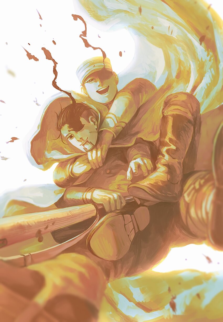 2boys arms_around_neck bleeding blood blurry blurry_foreground boots cloak closed_mouth commentary_request depth_of_field facial_hair facial_scar falling goatee golden_kamuy gun hair_slicked_back half-closed_eye half-siblings hanazawa_yusaku hat highres holding holding_gun holding_weapon hood hood_down hooded_cloak hug hug_from_behind jacket kepi knee_boots leg_lock long_sleeves looking_at_viewer male_focus military_hat military_uniform missing_eye monochrome multiple_boys nosebleed ogata_hyakunosuke open_mouth osakanaman_7 pants rifle scar scar_on_cheek scar_on_face siblings simple_background smile spoilers undercut weapon white_background yellow_theme