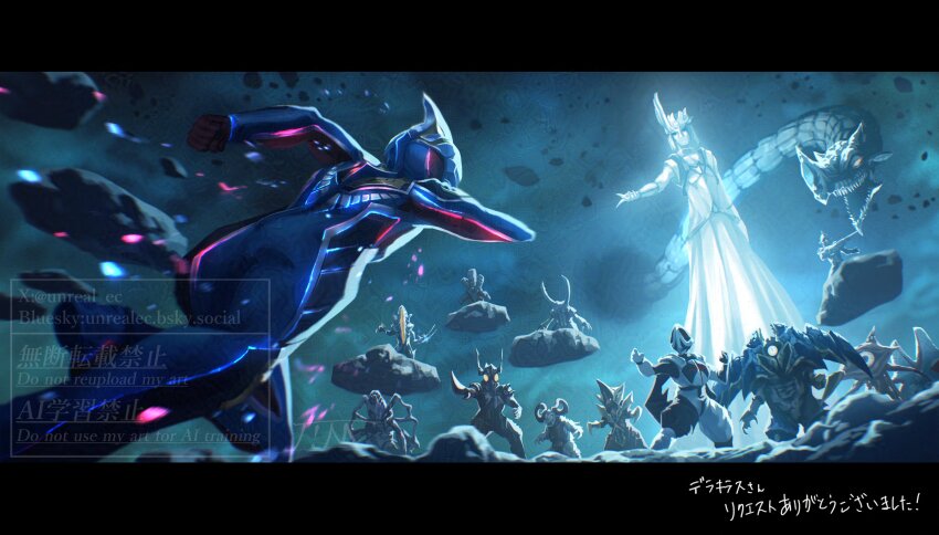 absurdres alien arm_up armor blue_skin breastplate c.o.v._(ultra_series) character_request claws colored_skin dorsal_fin dragon highres horns kaiju multicolored_skin red_skin robot shoulder_armor silver_trim space teeth tokusatsu ultra_series ultraman_gaia ultraman_gaia_(series) ultraman_gaia_(super_supreme_version) unreal_es wings
