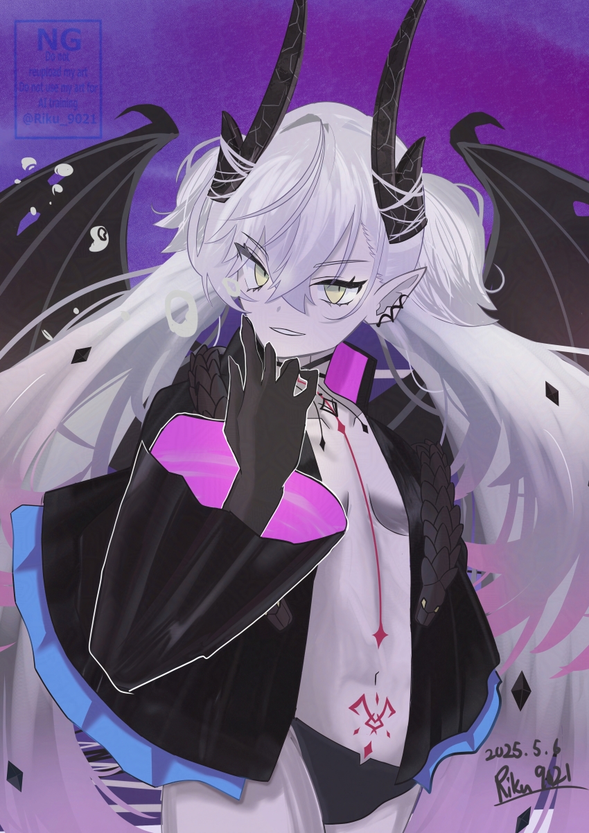 1girl absurdres black_cloak black_hands black_panties body_markings braid breasts cloak collarbone colored_extremities demon_girl demon_horns demon_wings earrings fate/grand_order fate_(series) hair_between_eyes hand_up harness highres horns jacket jewelry lilith_(fate) long_hair long_sleeves looking_at_viewer multiple_braids multiple_earrings naked_jacket navel no_bra o-ring o-ring_harness open_clothes panties pointy_ears pubic_tattoo purple_background riku-09 smile solo stomach_tattoo tattoo twintails underwear white_hair wide_sleeves wings yellow_eyes