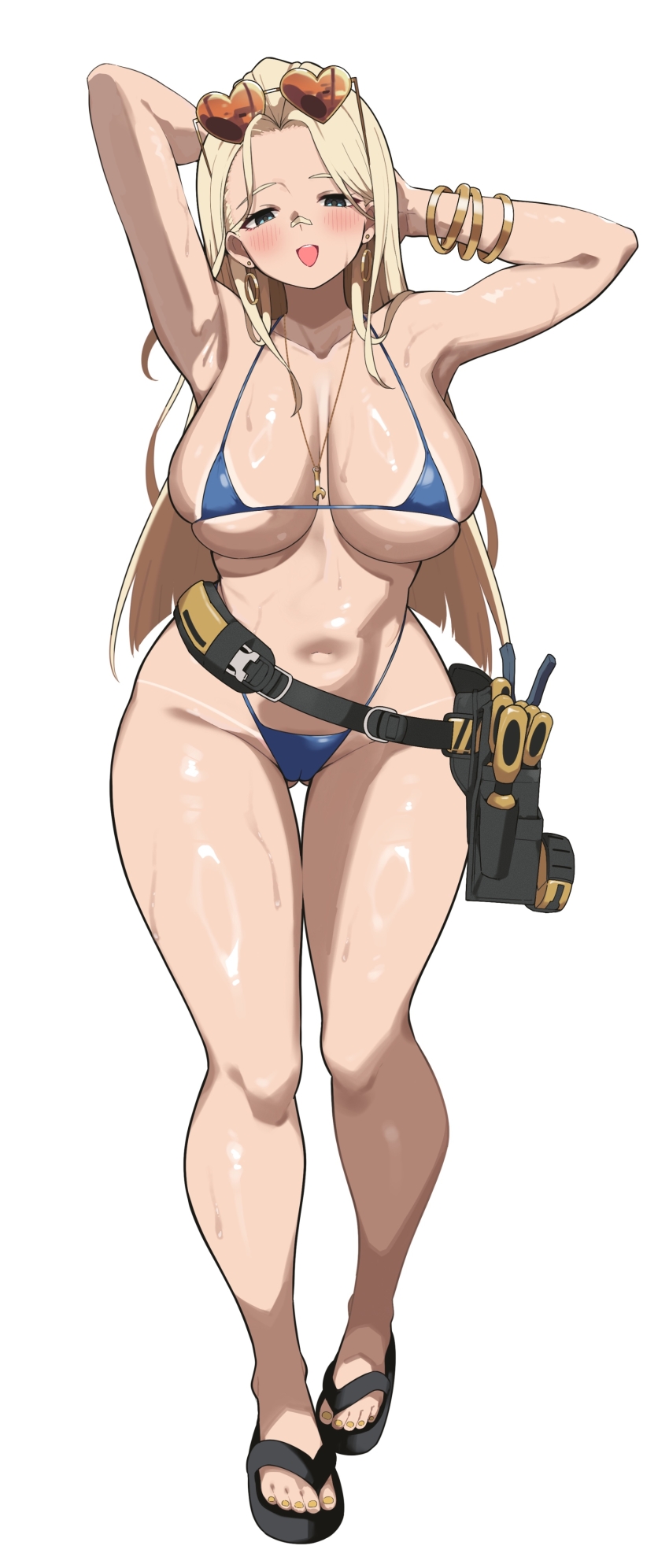 1girl absurdres bandaid bandaid_on_face bandaid_on_nose bikini blue_bikini blue_eyes blunt_ends blush bracelet breasts cameltoe centi_(nikke) centi_(ocean_repair)_(nikke) collarbone commentary_request curvy eyewear_on_head feet gluteal_fold goddess_of_victory:_nikke heart heart-shaped_eyewear highres jewelry large_breasts long_hair micro_bikini navel neck necklace official_alternate_costume open_mouth parted_bangs partially_undressed sandals screwdriver sideboob simple_background sleeves_rolled_up smile stomach sunglasses sweat swimsuit tape_measure thigh_gap thighs toes toolbox underboob white_background wrench yabai_gorilla