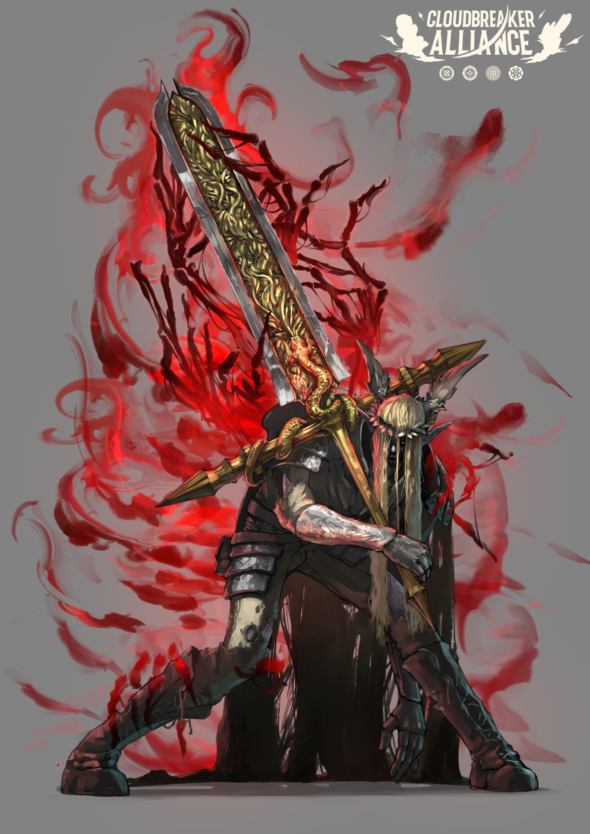 absurdres aura boots cloudbreaker_alliance copyright_name fantasy grey_background hair_over_one_eye highres huge_weapon hunched_over long_hair monster official_art one_eye_covered open_mouth pointy_ears red_aura simple_background tagme weapon yumo80295386