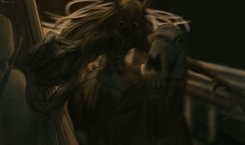 1girl abs ahzze_zze black_hair car exposed_muscle fur-trimmed_vest fur_trim hair_between_eyes highres long_hair long_hair_between_eyes manhattan_cafe_(umamusume) monster_girl motor_vehicle no_pupils railing skeleton_horse skull taur umamusume very_long_hair vest