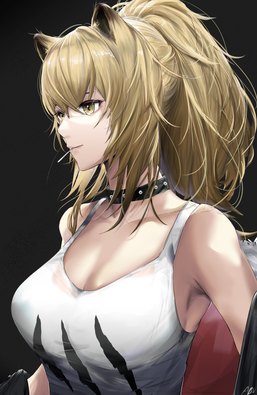 absurdres aburaage_here animal_ear_fluff animal_ears arknights armpits bare_shoulders black_background black_choker black_jacket blonde_hair breasts candy choker cleavage commentary_request eating eyebrows food food_in_mouth fur-trimmed_jacket fur_trim hairband highres in_mouth jacket large_breasts lion_ears long_hair looking_at_viewer messy_hair ponytail popsicle popsicle_in_mouth sidelocks siege_(arknights) simple_background tank_top very_long_hair white_tank_top yellow_eyes