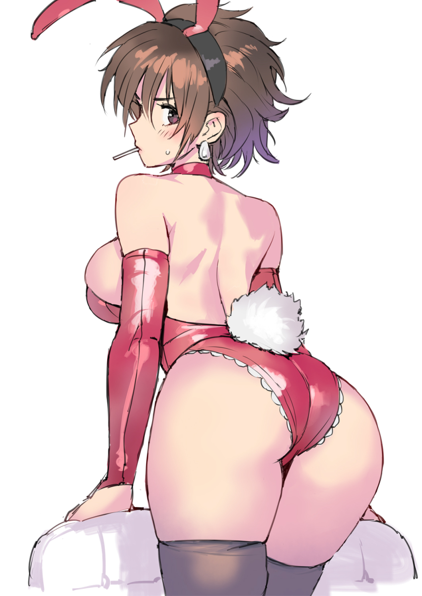 1girl animal_ear_headband animal_ears ass backboob black_thighhighs blush breasts brown_eyes brown_hair character_request check_copyright collar commentary_request copyright_request detached_sleeves earrings fake_animal_ears fake_tail feet_out_of_frame frilled_leotard frills from_behind hair_between_eyes highres holding_chair jewelry leotard looking_back matsuda_(matsukichi) messy_hair on_chair original playboy_bunny rabbit_ears rabbit_tail red_collar red_leotard red_sleeves short_hair silver_earrings solo strapless strapless_leotard sweatdrop tail thighhighs