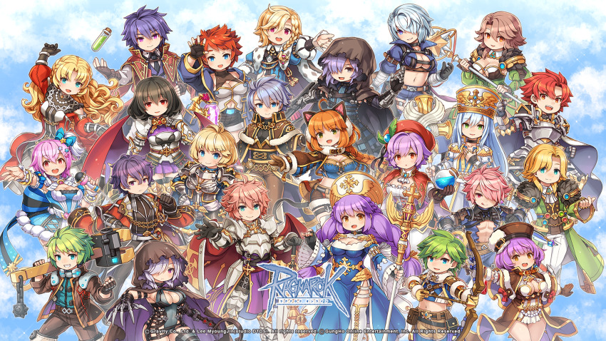 6+boys 6+girls :d abyss_chaser_(ragnarok_online) ahoge animal_ears animal_print arch_mage_(ragnarok_online) armor armored_boots arrow_(projectile) ascot ball_and_chain_(weapon) belt biolo_(ragnarok_online) black_belt black_coat black_gloves black_hair black_necktie black_pants black_shirt blonde_hair blue_bow blue_coat blue_dress blue_eyes blue_gemstone blue_hair blue_shirt blue_shorts boots bow bow_(weapon) bracelet braid breastplate breasts brooch brown_capelet brown_cloak brown_eyes brown_gloves brown_hair brown_jacket brown_pants brown_shorts cape capelet cardinal_(ragnarok_online) cat_ears chain claw_(weapon) cleavage cleavage_cutout clenched_hand cloak closed_mouth clothing_cutout coat collared_shirt commentary_request copyright_name crop_top crosier dragon_knight_(ragnarok_online) drawing_bow dress elemental_master_(ragnarok_online) expressionless fake_animal_ears fang feet_out_of_frame fingerless_gloves frown full_body fur-trimmed_capelet fur-trimmed_sleeves fur_collar fur_trim gauntlets gem gloves green_dress green_eyes green_hair grey_leotard grin hair_bow hair_ornament hair_over_one_eye hair_over_shoulder hat hat_ornament highres holding holding_bow_(weapon) holding_microphone holding_staff holding_sword holding_weapon holding_wrench hood hood_up hooded_cloak imperial_guard_(ragnarok_online) inquisitor_(ragnarok_online) jacket jewelry juliet_sleeves leaf_hat_ornament leg_armor leopard_print leotard logo long_hair long_sleeves looking_at_viewer medium_breasts medium_hair meister_(ragnarok_online) microphone midriff miniskirt mitre multiple_boys multiple_girls navel necktie official_art one_side_up open_clothes open_jacket open_mouth open_shirt orange_hair pants parted_bangs pauldrons pelvic_curtain pink_hair pouch puffy_sleeves purple_eyes purple_hair purple_vest ragnarok_online red_cape red_capelet red_coat red_eyes red_hair red_headwear revealing_clothes shadow_cross_(ragnarok_online) shigatake shirt short_hair short_sleeves shorts shoulder_armor side_braid side_slit single_braid skirt smile staff star_(symbol) star_hair_ornament strapless strapless_dress sword thigh_boots troubadour_(ragnarok_online) trouvere_(ragnarok_online) twin_braids vambraces vest vial weapon white_ascot white_cape white_footwear white_hair white_pants white_shirt white_skirt white_vest wind_hawk_(ragnarok_online) wrench wrist_cuffs