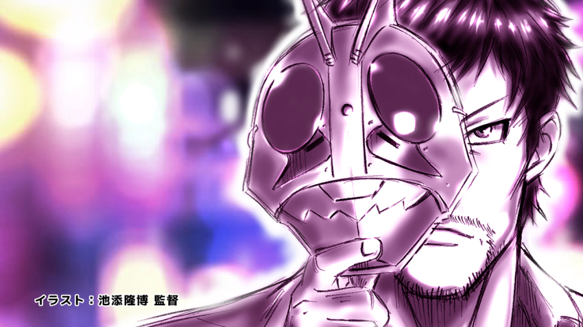 1boy artist_name black_hair facial_hair holding holding_mask kamen_rider kamen_rider_(1st_series) male_focus mask monochrome muscular muscular_male official_art shirt short_hair tanzaburou_toujima toujima_tanzaburou_wa_kamen_rider_ni_naritai zooming_in