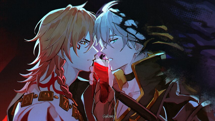 2boys black_choker black_shirt blonde_hair blue_eyes braid choker clawed_gauntlets collared_shirt commentary cup dark_persona dual_persona english_commentary flame_reaver_of_the_deepest_dark from_side gold_necklace gradient_hair hair_between_eyes highres holding holding_cup honkai:_star_rail honkai_(series) jewelry looking_at_another looking_to_the_side male_focus medium_hair moonya multicolored_hair multiple_boys mydei_(honkai:_star_rail) neck_tattoo necklace phainon_(honkai:_star_rail) profile red_hair red_tattoo shared_drink shirt short_hair side_braid sideways_glance tattoo upper_body white_hair yellow_eyes