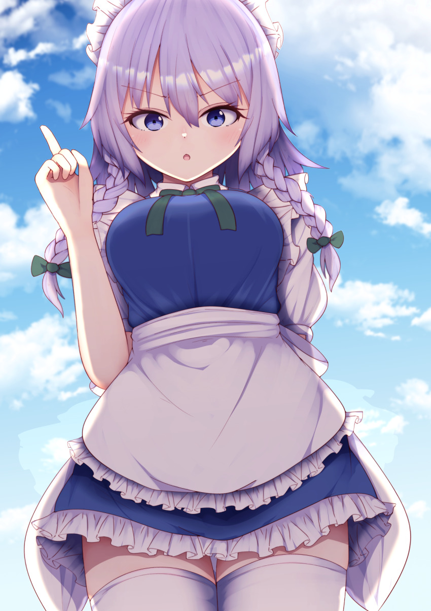 1girl apron blue_eyes blue_sky braid cloud cloudy_sky darumoon day dress frilled_apron frilled_dress frills from_below hair_between_eyes highres izayoi_sakuya lecturing looking_at_viewer maid maid_apron maid_headdress open_mouth outdoors pointing pointing_up short_hair silver_hair sky solo touhou twin_braids v-shaped_eyebrows white_apron white_legwear