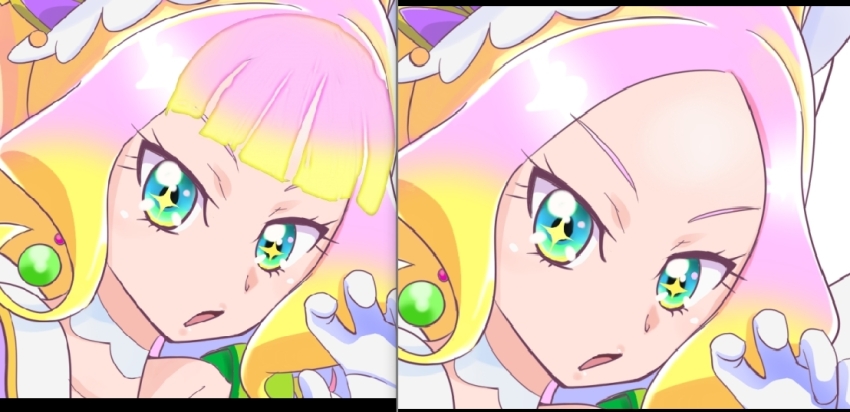 blonde_hair blue_eyes cure_finale cure_parfait delicious_party_precure dress elbow_gloves fusion gloves gradient_eyes green_eyes kasai_amane kirahoshi_ciel kirakira_precure_a_la_mode multicolored_eyes multicolored_hair pink_hair ponytail precure pururun_z