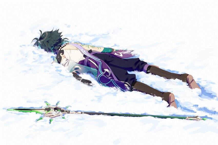 1boy black_boots boots commentary day english_commentary faceplant from_above full_body genshin_impact highres kiamonoii lying male_focus on_ground on_stomach outdoors polearm primordial_jade_winged-spear_(genshin_impact) shirt short_hair snow solo weapon white_shirt xiao_(genshin_impact)